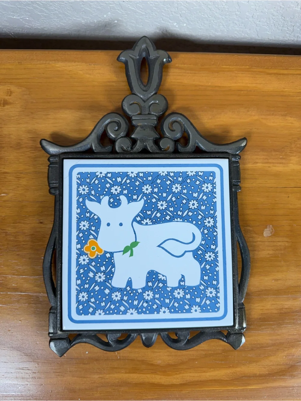 Blue Floral Hippo Ceramic Tile Wall Trivet